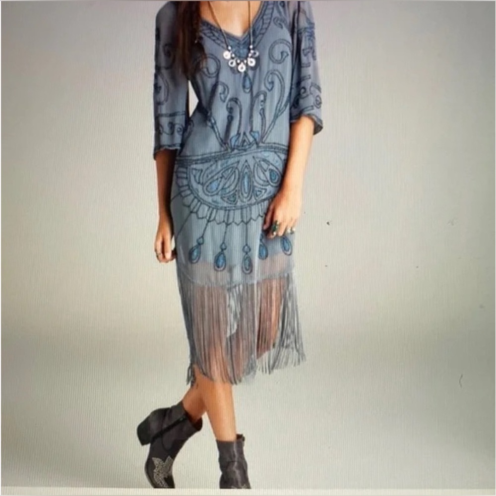 FREE PEOPLE CELESTIAL BEADED FRINGE FLAPPER BOHO V NECK DRESS WOMEN’S Sz M - Picture 1 of 16